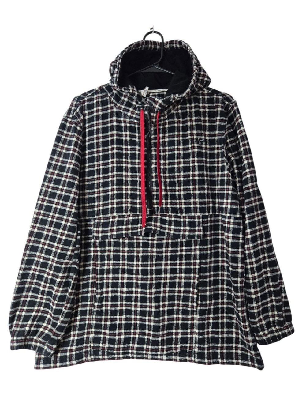 The Black Dog Plaid Flannel Hoodie Anorak 3/4 Zip Pullover Jacket Pockets Large
